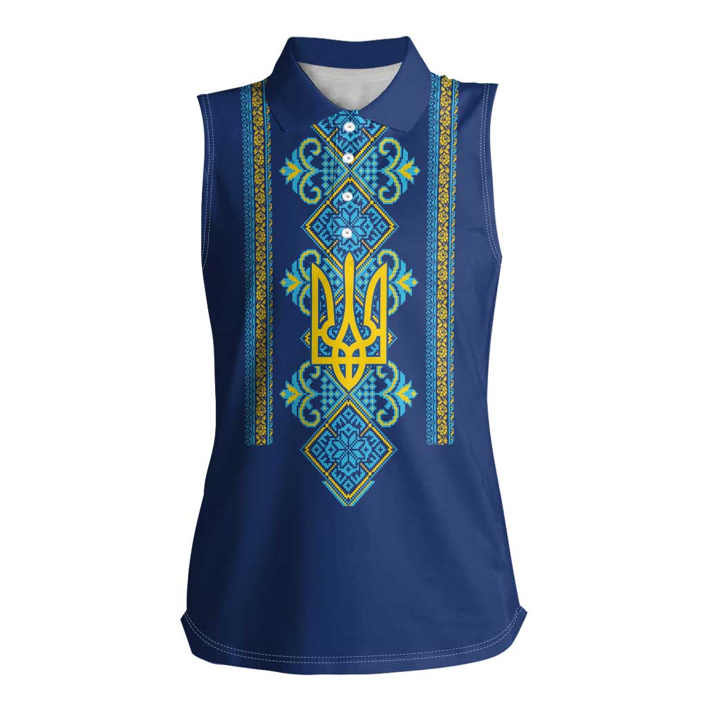 Vyshyvanka Day Women Sleeveless Polo Shirt Ukrainian Folk Traditions Pattern Blue Version