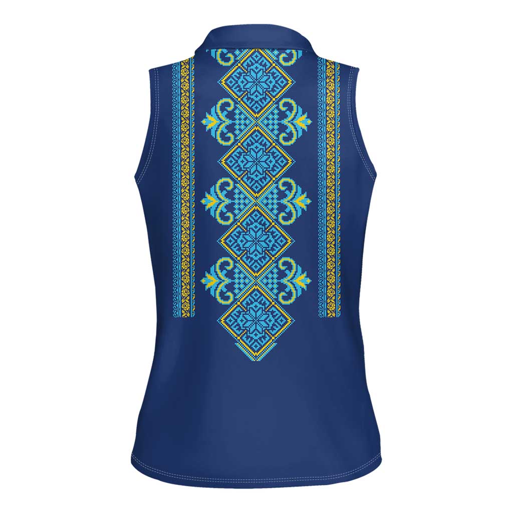 Vyshyvanka Day Women Sleeveless Polo Shirt Ukrainian Folk Traditions Pattern Blue Version
