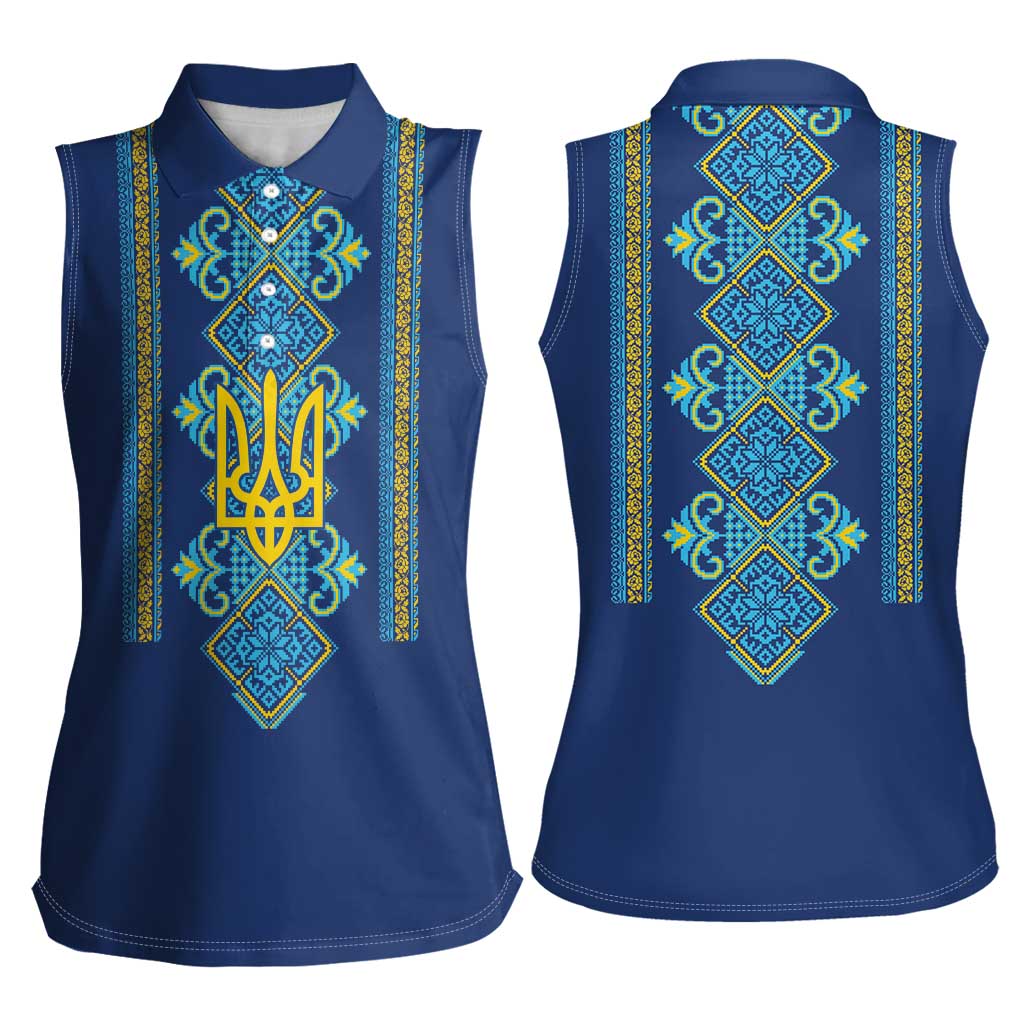 Vyshyvanka Day Women Sleeveless Polo Shirt Ukrainian Folk Traditions Pattern Blue Version