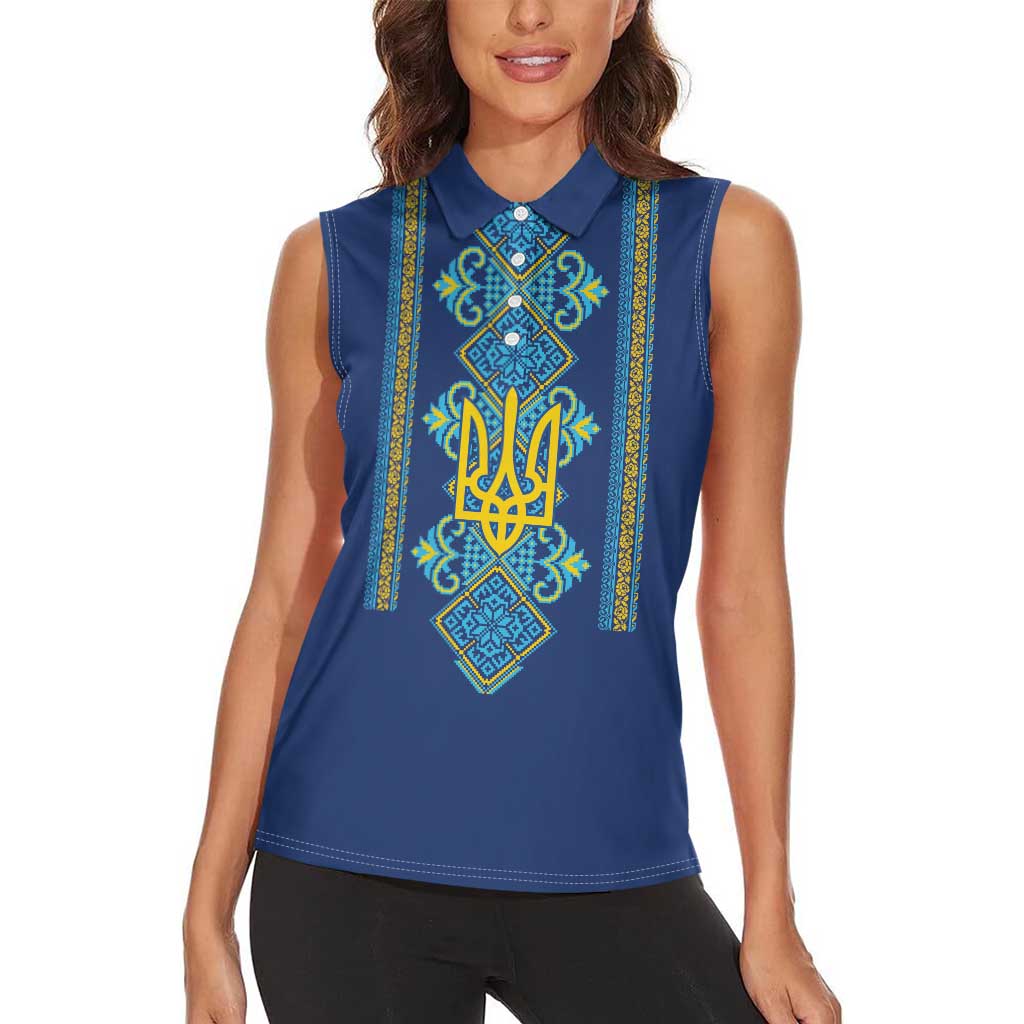 Vyshyvanka Day Women Sleeveless Polo Shirt Ukrainian Folk Traditions Pattern Blue Version