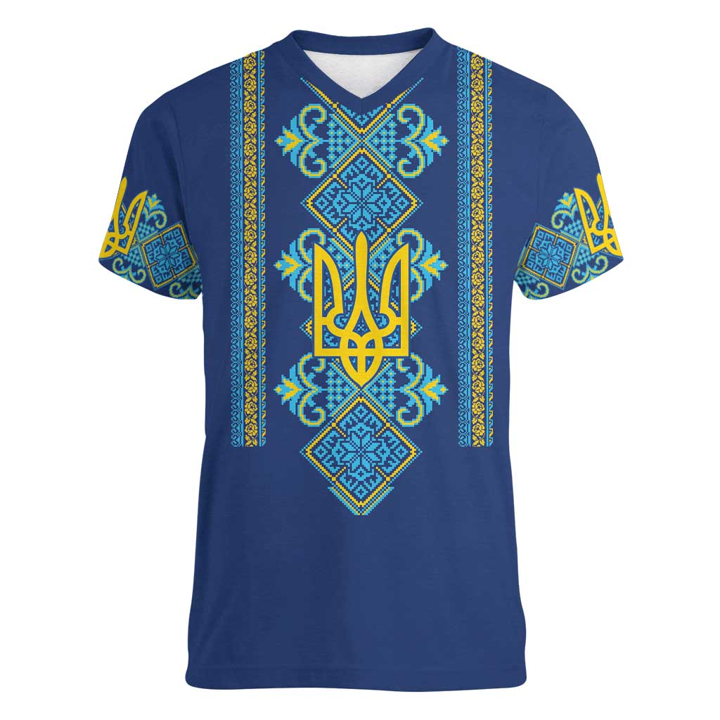 Vyshyvanka Day Women V-Neck T-Shirt Ukrainian Folk Traditions Pattern Blue Version