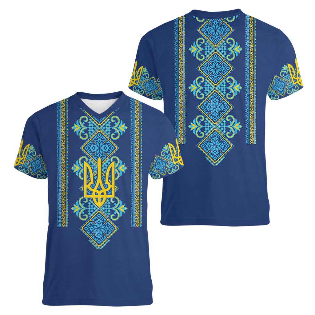 Vyshyvanka Day Women V-Neck T-Shirt Ukrainian Folk Traditions Pattern Blue Version