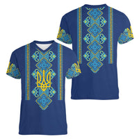 Vyshyvanka Day Women V-Neck T-Shirt Ukrainian Folk Traditions Pattern Blue Version
