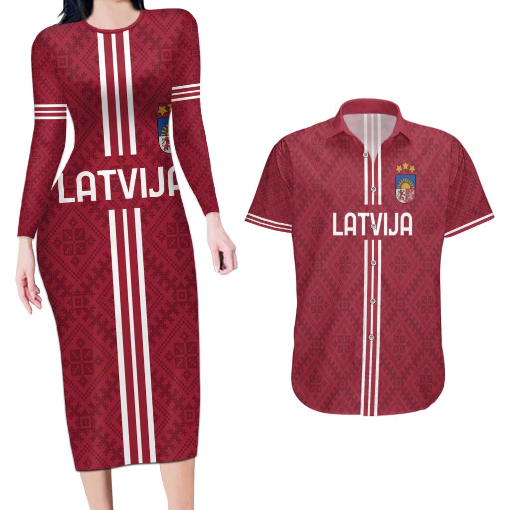 Custom Latvia Football Couples Matching Long Sleeve Bodycon Dress and Hawaiian Shirt Latvijas Go Champion Folk Pattern