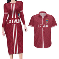Custom Latvia Football Couples Matching Long Sleeve Bodycon Dress and Hawaiian Shirt Latvijas Go Champion Folk Pattern