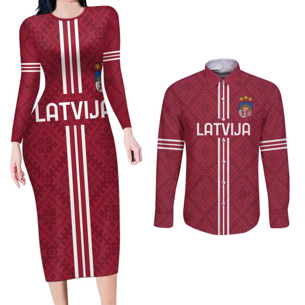 Custom Latvia Football Couples Matching Long Sleeve Bodycon Dress and Long Sleeve Button Shirt Latvijas Go Champion Folk Pattern