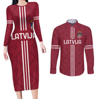 Custom Latvia Football Couples Matching Long Sleeve Bodycon Dress and Long Sleeve Button Shirt Latvijas Go Champion Folk Pattern