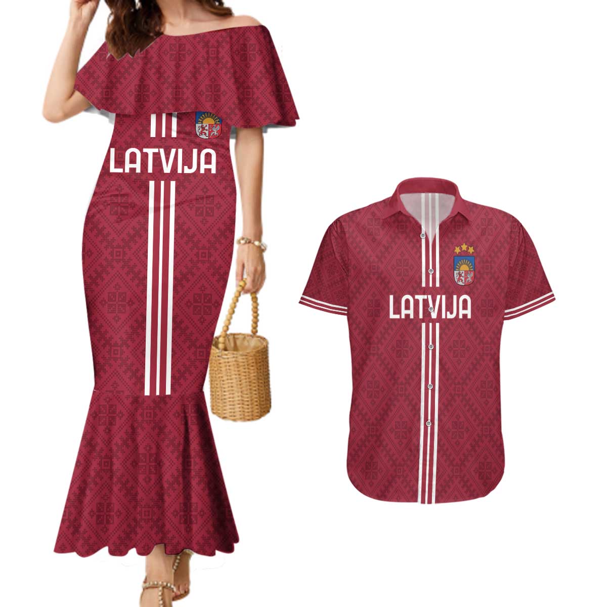 Custom Latvia Football Couples Matching Mermaid Dress and Hawaiian Shirt Latvijas Go Champion Folk Pattern