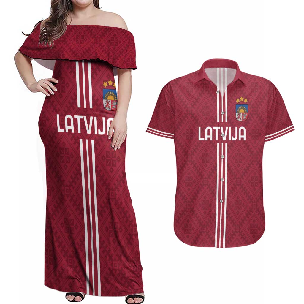 Custom Latvia Football Couples Matching Off Shoulder Maxi Dress and Hawaiian Shirt Latvijas Go Champion Folk Pattern