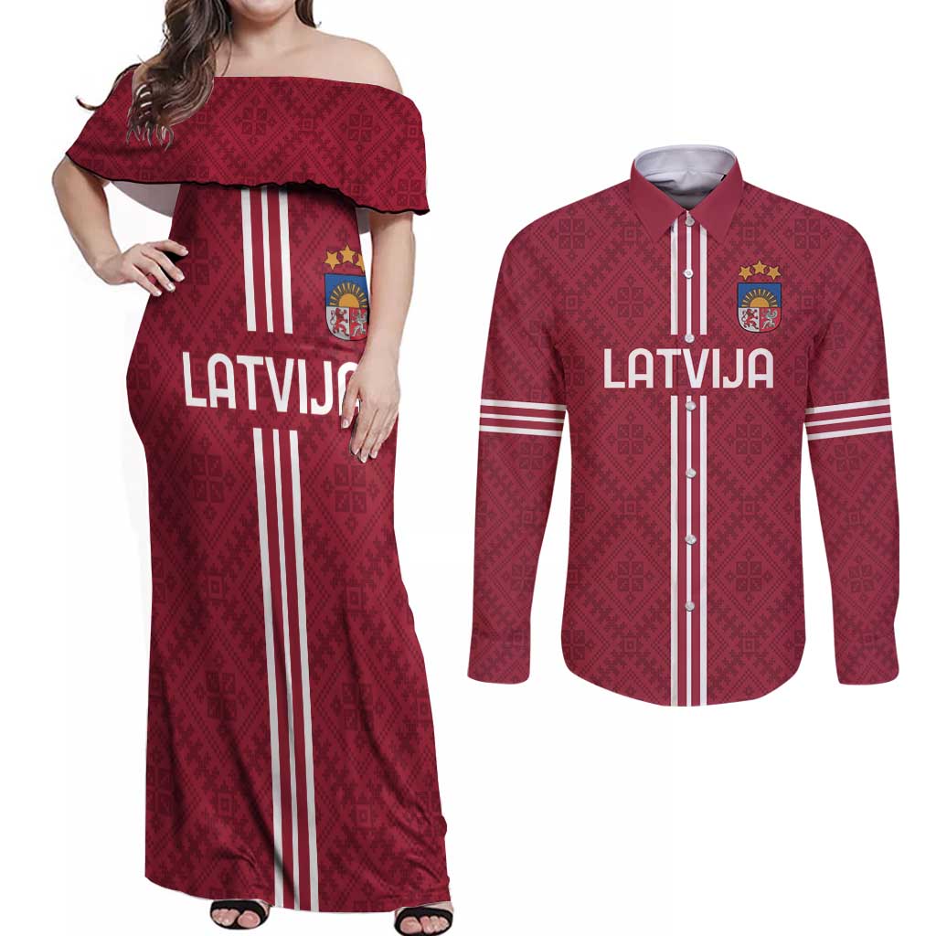 Custom Latvia Football Couples Matching Off Shoulder Maxi Dress and Long Sleeve Button Shirt Latvijas Go Champion Folk Pattern