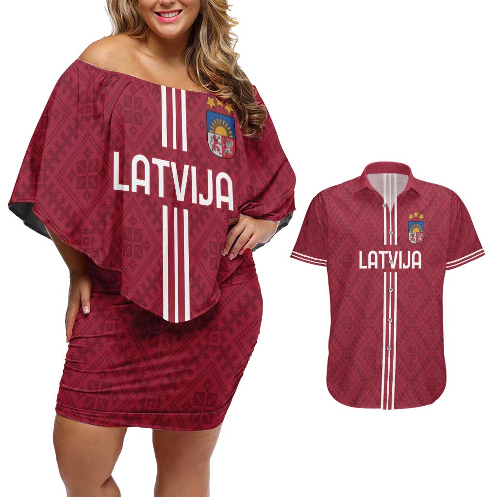 Custom Latvia Football Couples Matching Off Shoulder Short Dress and Hawaiian Shirt Latvijas Go Champion Folk Pattern