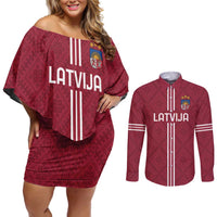 Custom Latvia Football Couples Matching Off Shoulder Short Dress and Long Sleeve Button Shirt Latvijas Go Champion Folk Pattern