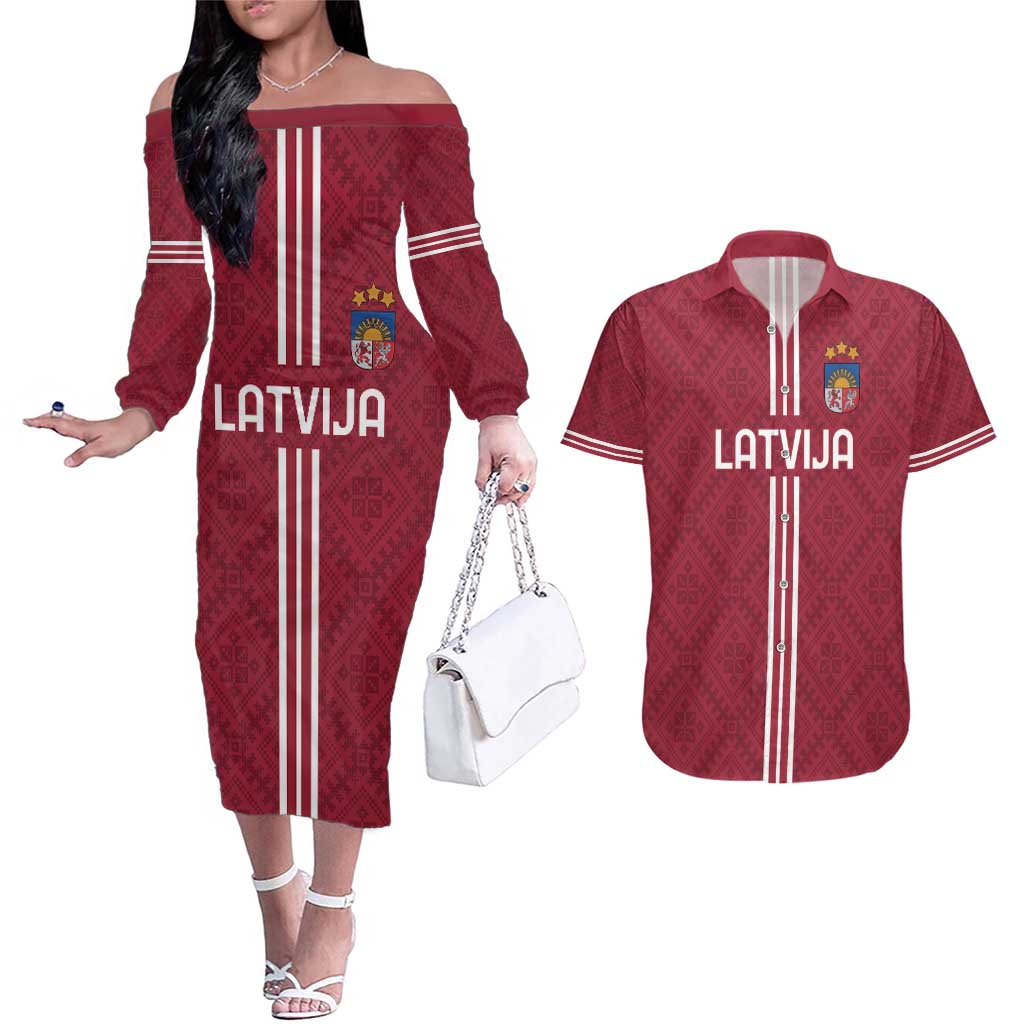 Custom Latvia Football Couples Matching Off The Shoulder Long Sleeve Dress and Hawaiian Shirt Latvijas Go Champion Folk Pattern