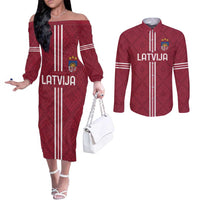 Custom Latvia Football Couples Matching Off The Shoulder Long Sleeve Dress and Long Sleeve Button Shirt Latvijas Go Champion Folk Pattern