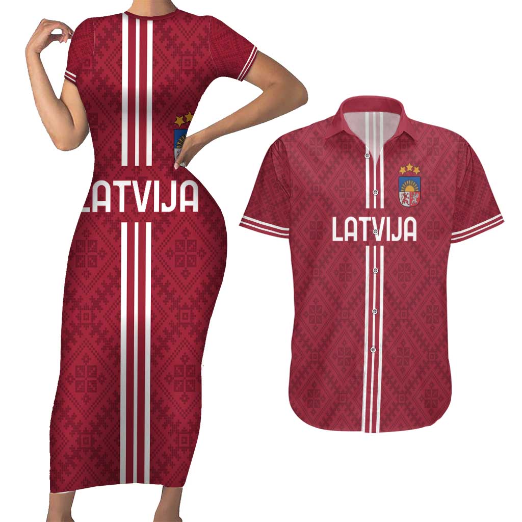 Custom Latvia Football Couples Matching Short Sleeve Bodycon Dress and Hawaiian Shirt Latvijas Go Champion Folk Pattern