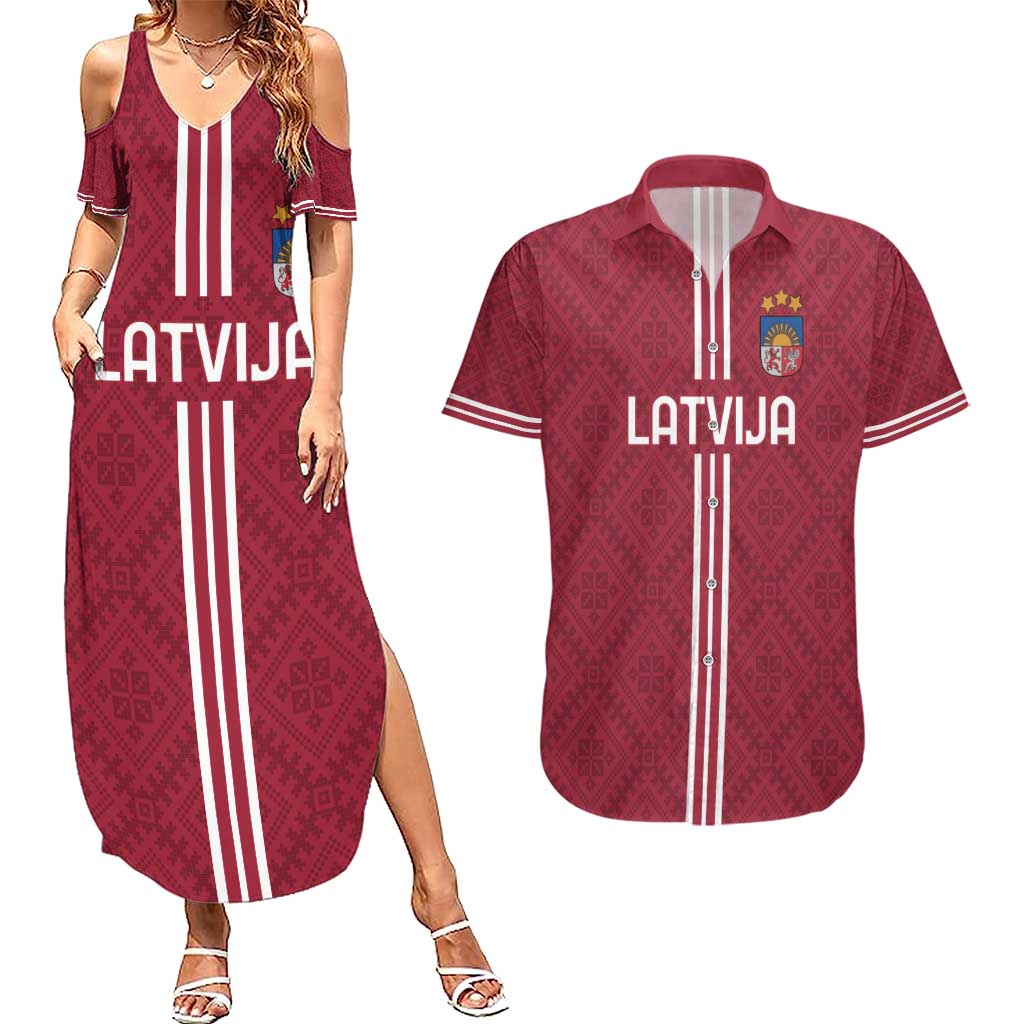 Custom Latvia Football Couples Matching Summer Maxi Dress and Hawaiian Shirt Latvijas Go Champion Folk Pattern