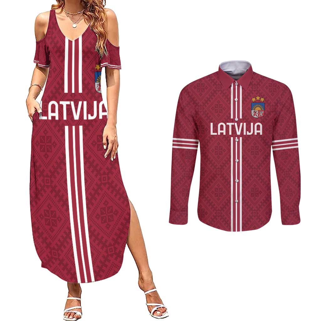 Custom Latvia Football Couples Matching Summer Maxi Dress and Long Sleeve Button Shirt Latvijas Go Champion Folk Pattern