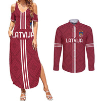 Custom Latvia Football Couples Matching Summer Maxi Dress and Long Sleeve Button Shirt Latvijas Go Champion Folk Pattern