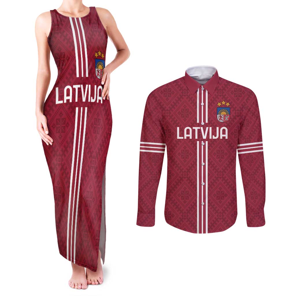 Custom Latvia Football Couples Matching Tank Maxi Dress and Long Sleeve Button Shirt Latvijas Go Champion Folk Pattern