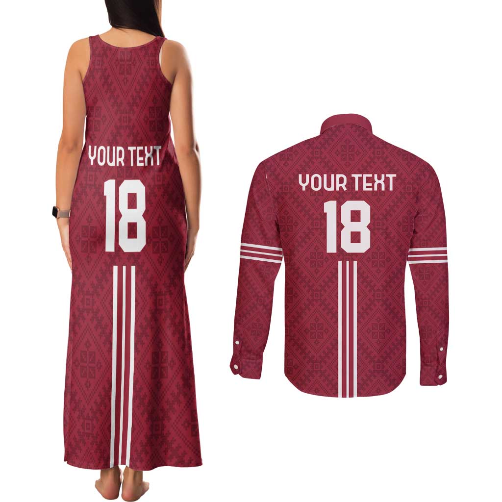Custom Latvia Football Couples Matching Tank Maxi Dress and Long Sleeve Button Shirt Latvijas Go Champion Folk Pattern