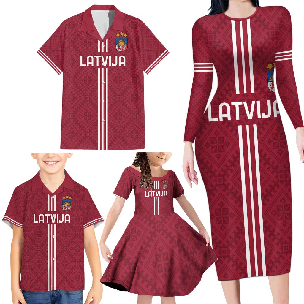 Custom Latvia Football Family Matching Long Sleeve Bodycon Dress and Hawaiian Shirt Latvijas Go Champion Folk Pattern