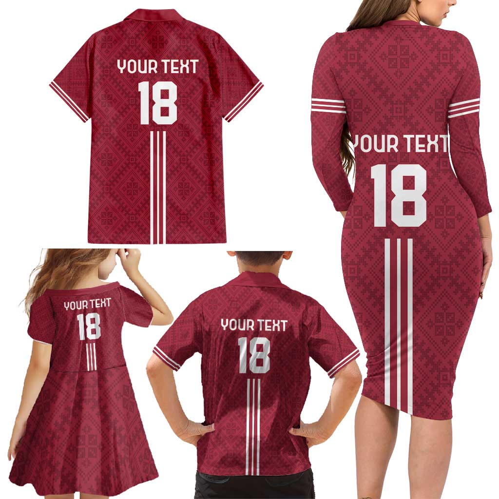Custom Latvia Football Family Matching Long Sleeve Bodycon Dress and Hawaiian Shirt Latvijas Go Champion Folk Pattern