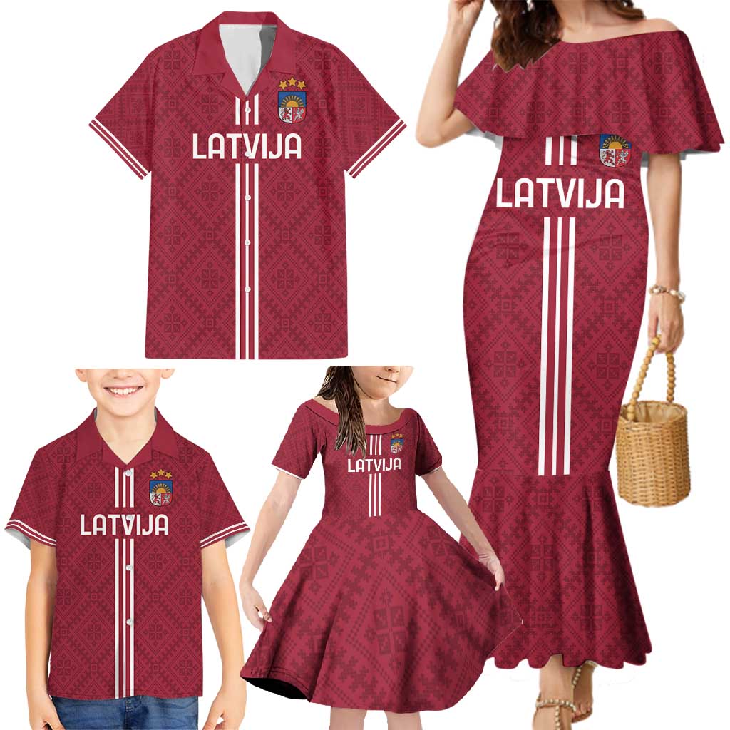 Custom Latvia Football Family Matching Mermaid Dress and Hawaiian Shirt Latvijas Go Champion Folk Pattern