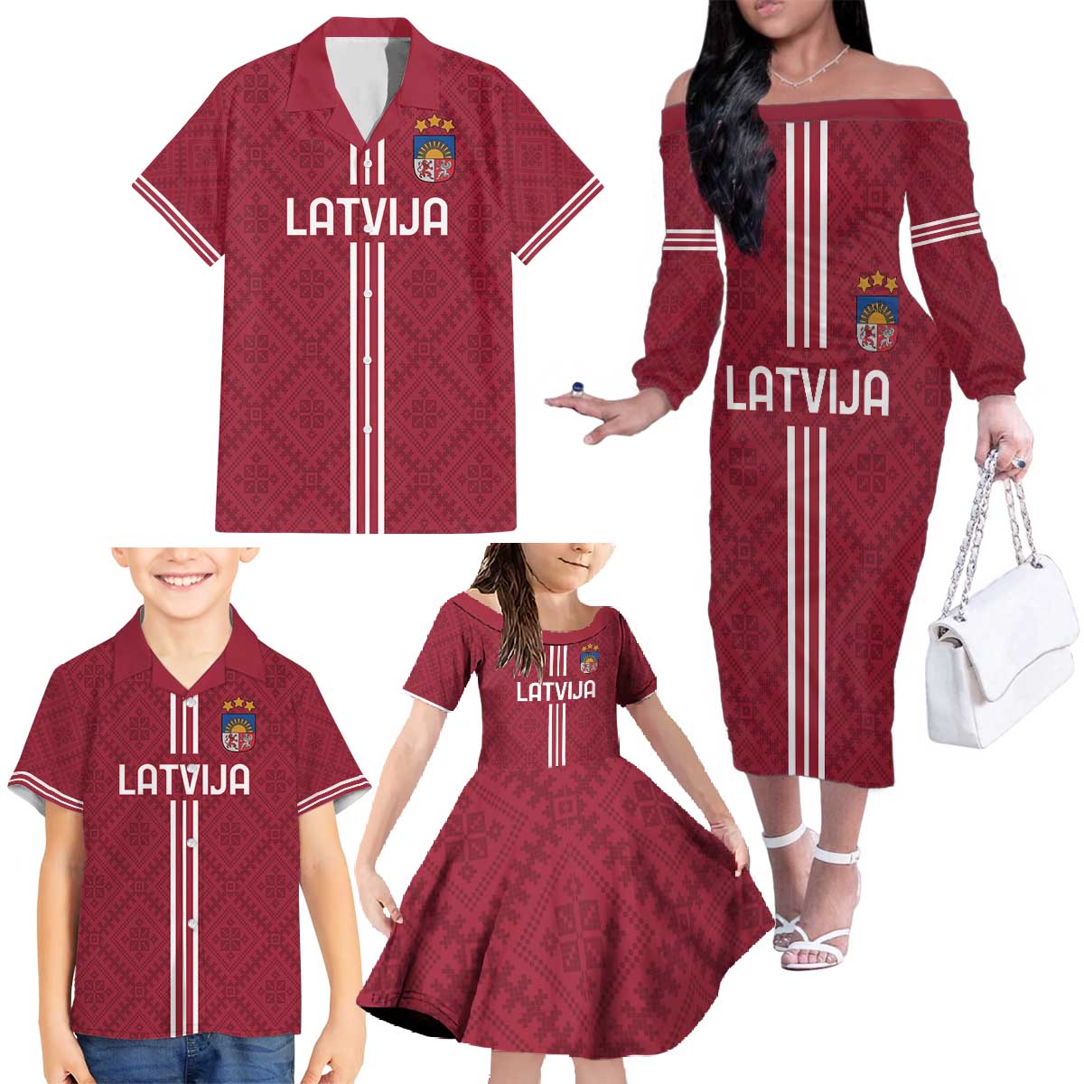Custom Latvia Football Family Matching Off The Shoulder Long Sleeve Dress and Hawaiian Shirt Latvijas Go Champion Folk Pattern