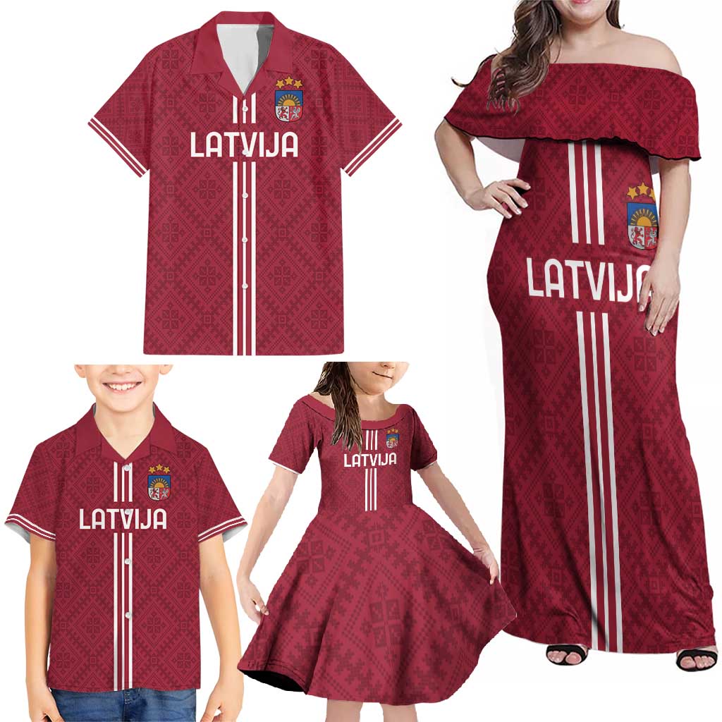 Custom Latvia Football Family Matching Off Shoulder Maxi Dress and Hawaiian Shirt Latvijas Go Champion Folk Pattern