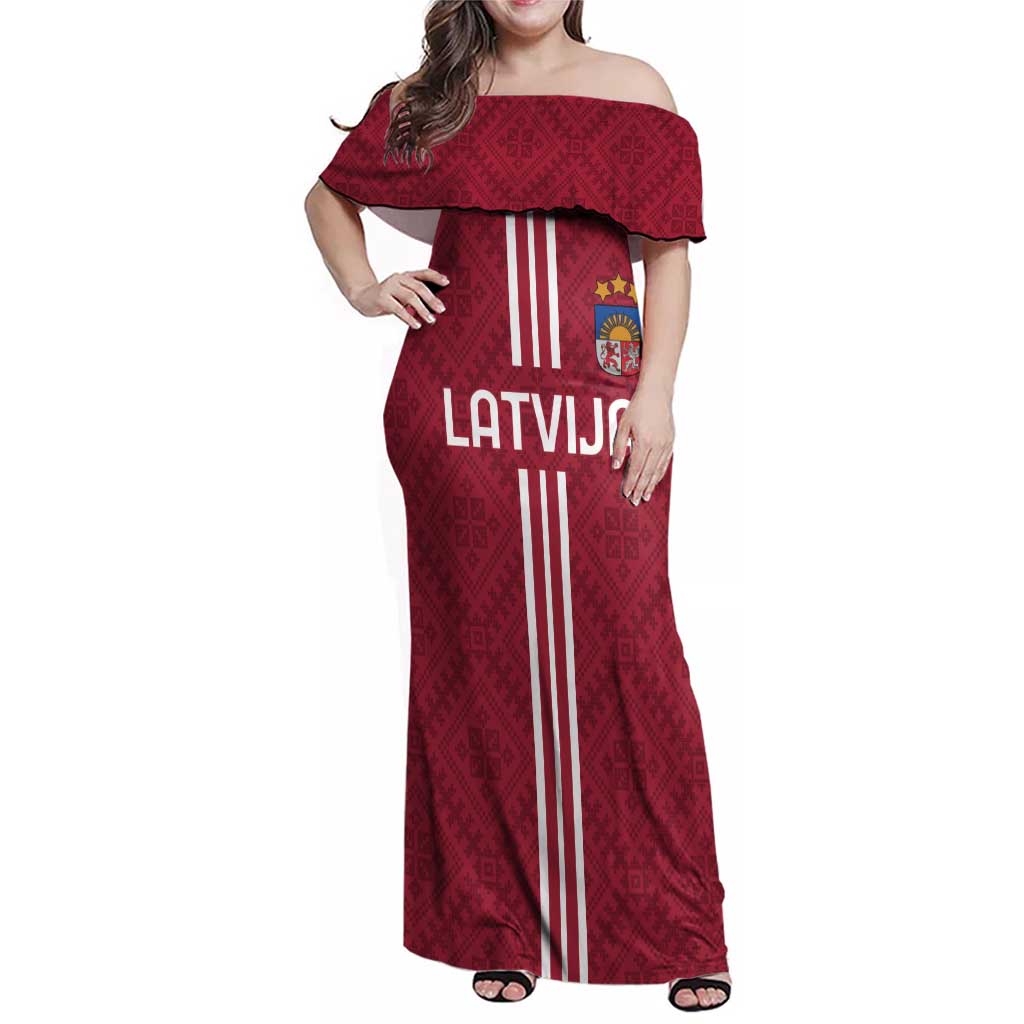 Custom Latvia Football Family Matching Off Shoulder Maxi Dress and Hawaiian Shirt Latvijas Go Champion Folk Pattern
