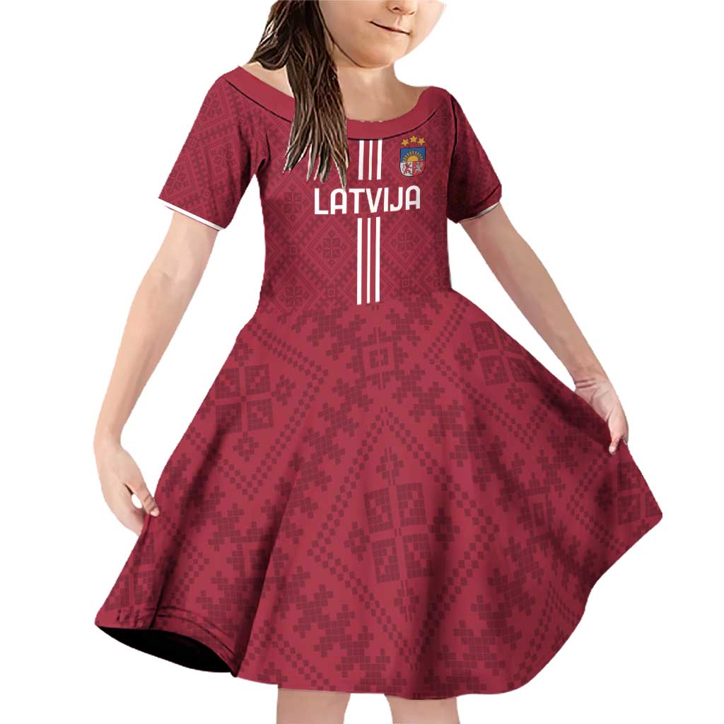 Custom Latvia Football Family Matching Off Shoulder Short Dress and Hawaiian Shirt Latvijas Go Champion Folk Pattern