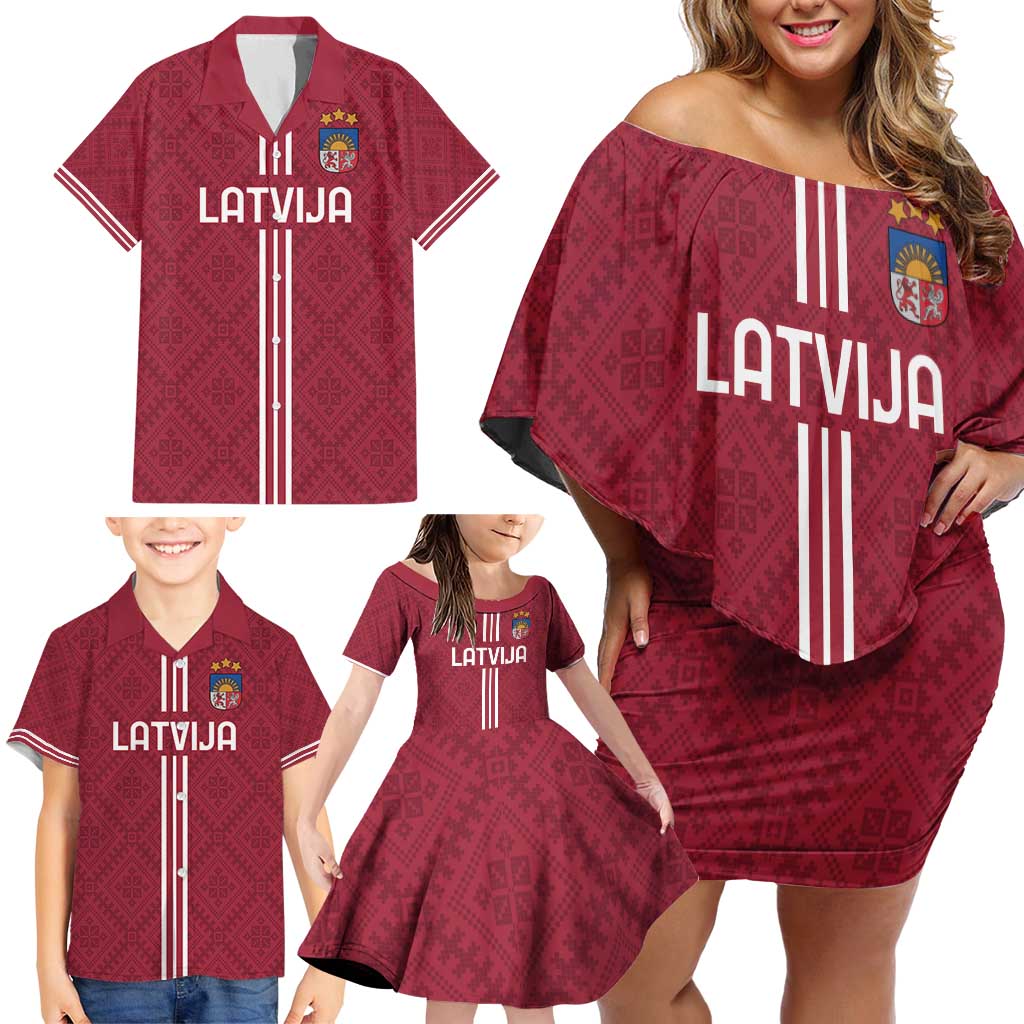 Custom Latvia Football Family Matching Off Shoulder Short Dress and Hawaiian Shirt Latvijas Go Champion Folk Pattern