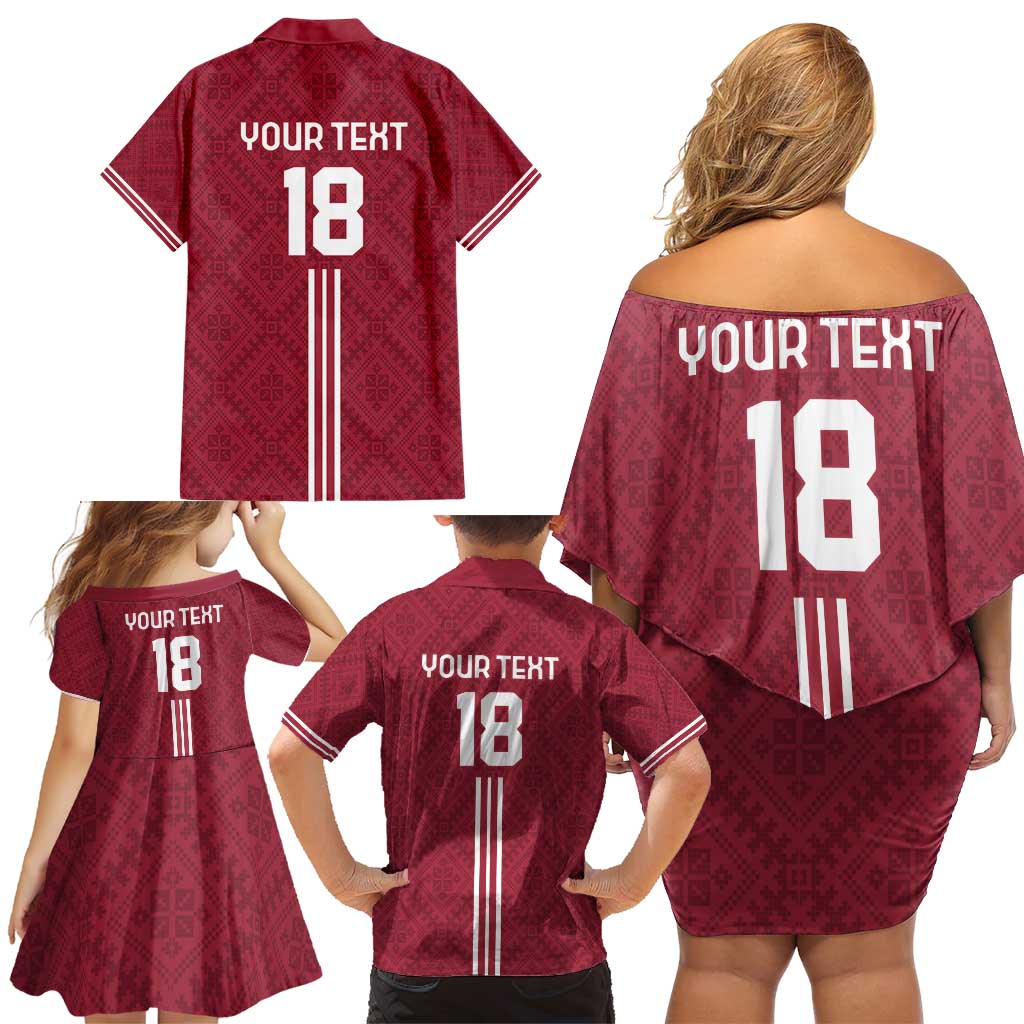 Custom Latvia Football Family Matching Off Shoulder Short Dress and Hawaiian Shirt Latvijas Go Champion Folk Pattern