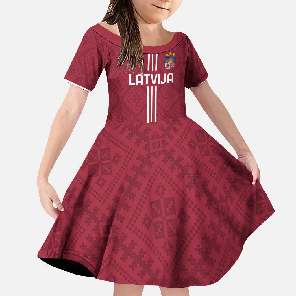 Custom Latvia Football Family Matching Short Sleeve Bodycon Dress and Hawaiian Shirt Latvijas Go Champion Folk Pattern