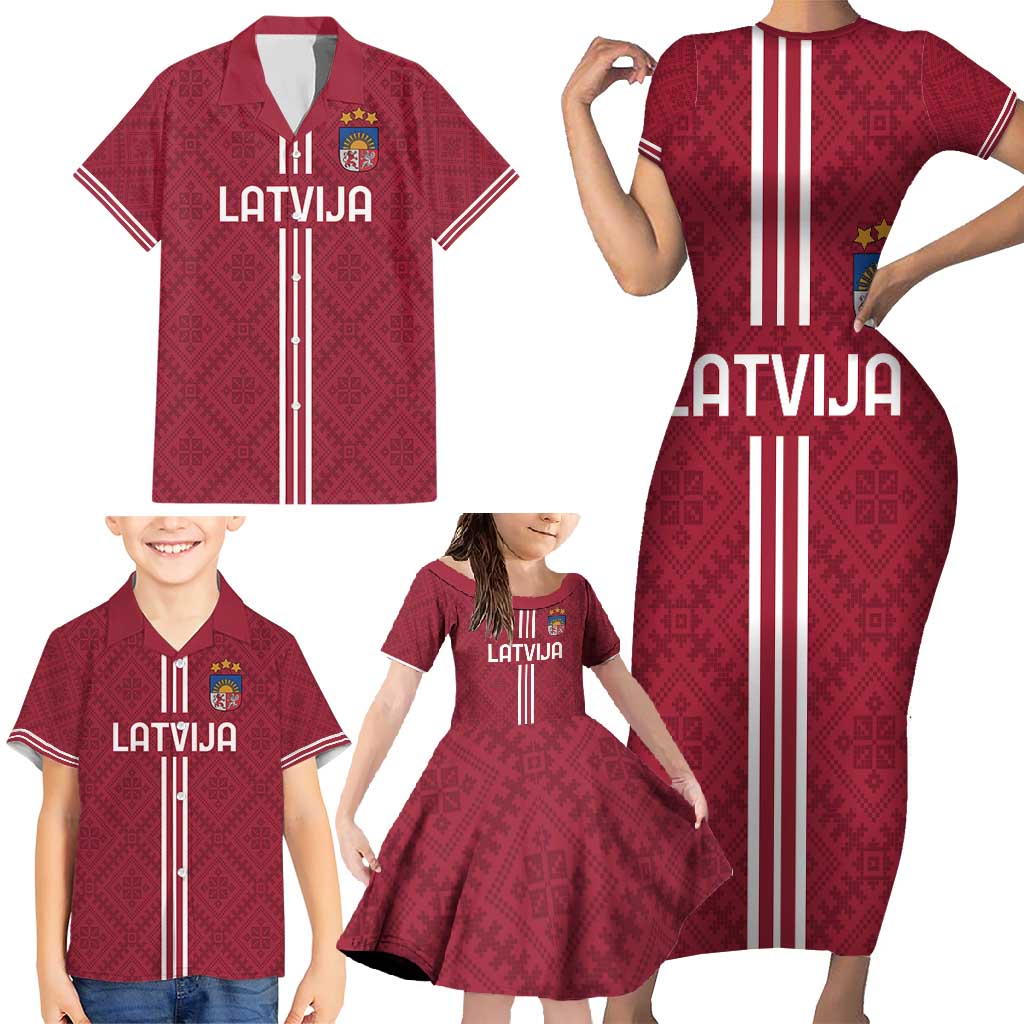 Custom Latvia Football Family Matching Short Sleeve Bodycon Dress and Hawaiian Shirt Latvijas Go Champion Folk Pattern