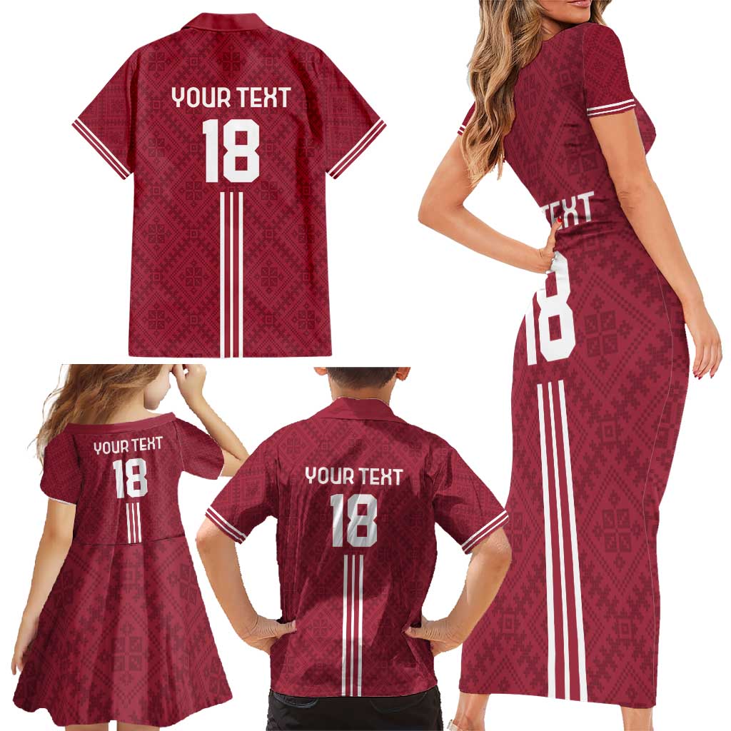 Custom Latvia Football Family Matching Short Sleeve Bodycon Dress and Hawaiian Shirt Latvijas Go Champion Folk Pattern