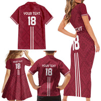 Custom Latvia Football Family Matching Short Sleeve Bodycon Dress and Hawaiian Shirt Latvijas Go Champion Folk Pattern