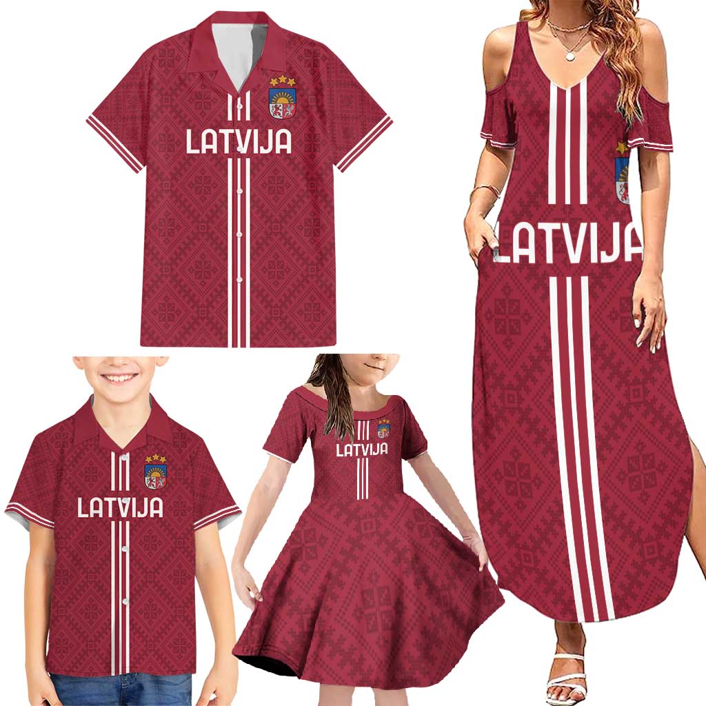 Custom Latvia Football Family Matching Summer Maxi Dress and Hawaiian Shirt Latvijas Go Champion Folk Pattern