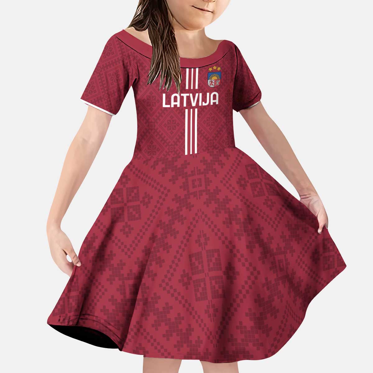 Custom Latvia Football Kid Short Sleeve Dress Latvijas Go Champion Folk Pattern