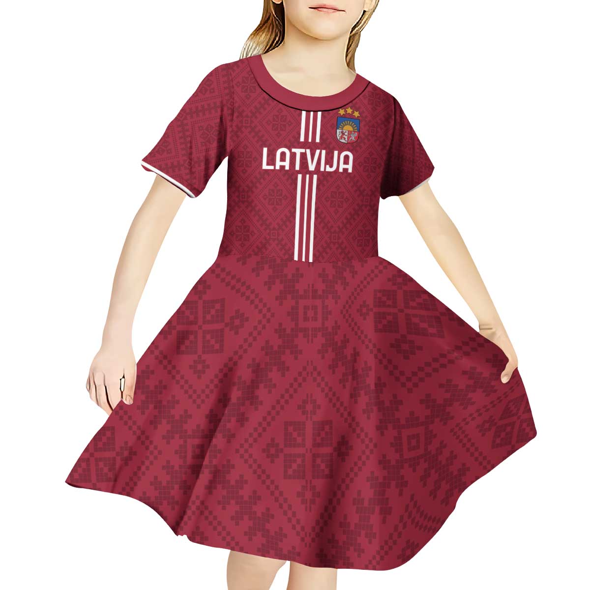 Custom Latvia Football Kid Short Sleeve Dress Latvijas Go Champion Folk Pattern