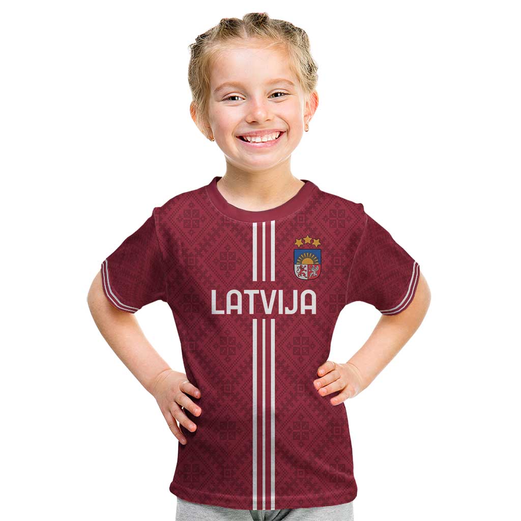 Custom Latvia Football Kid T Shirt Latvijas Go Champion Folk Pattern