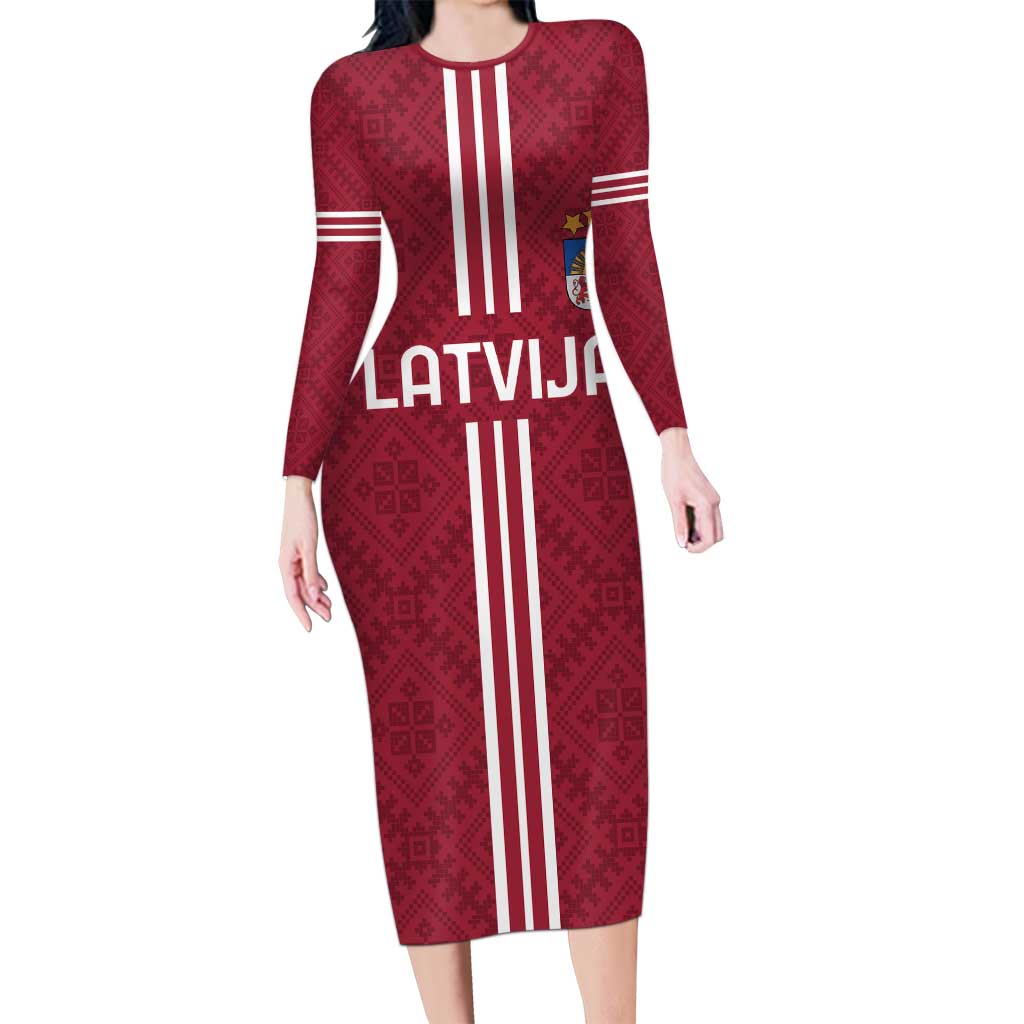 Custom Latvia Football Long Sleeve Bodycon Dress Latvijas Go Champion Folk Pattern
