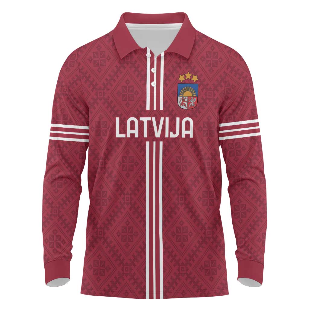 Custom Latvia Football Long Sleeve Polo Shirt Latvijas Go Champion Folk Pattern
