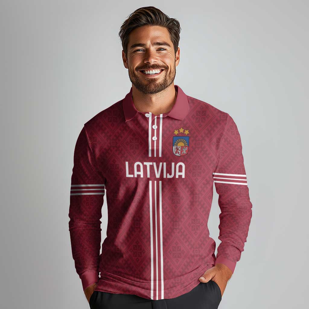 Custom Latvia Football Long Sleeve Polo Shirt Latvijas Go Champion Folk Pattern