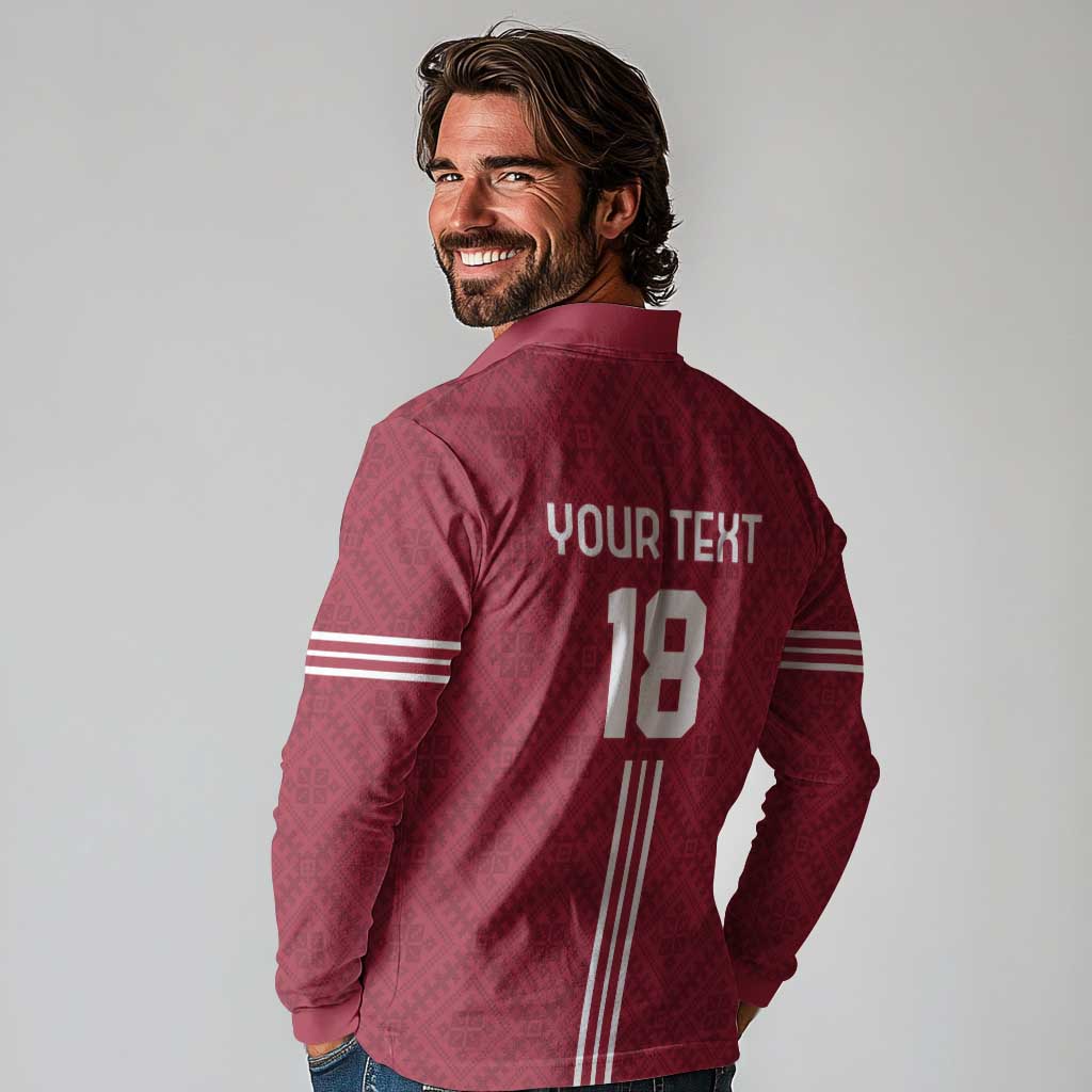 Custom Latvia Football Long Sleeve Polo Shirt Latvijas Go Champion Folk Pattern