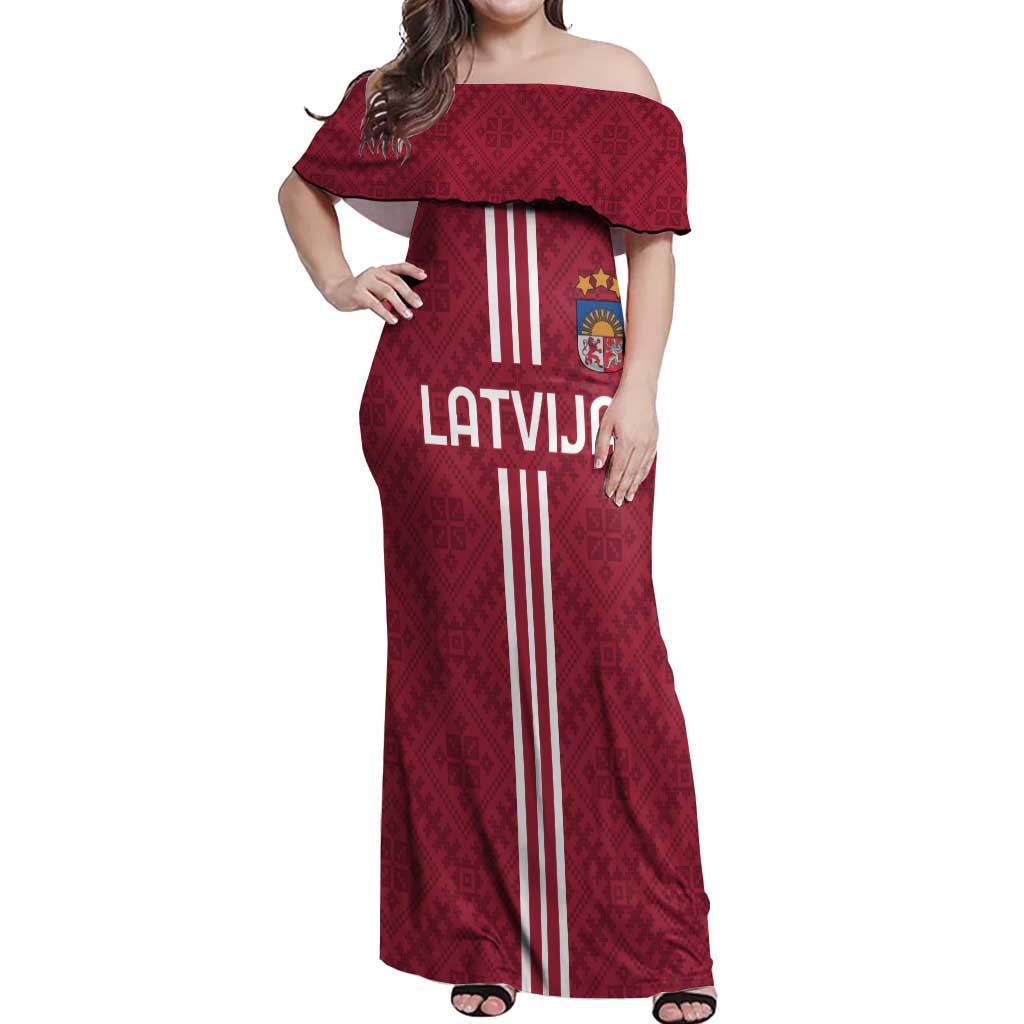 Custom Latvia Football Off Shoulder Maxi Dress Latvijas Go Champion Folk Pattern
