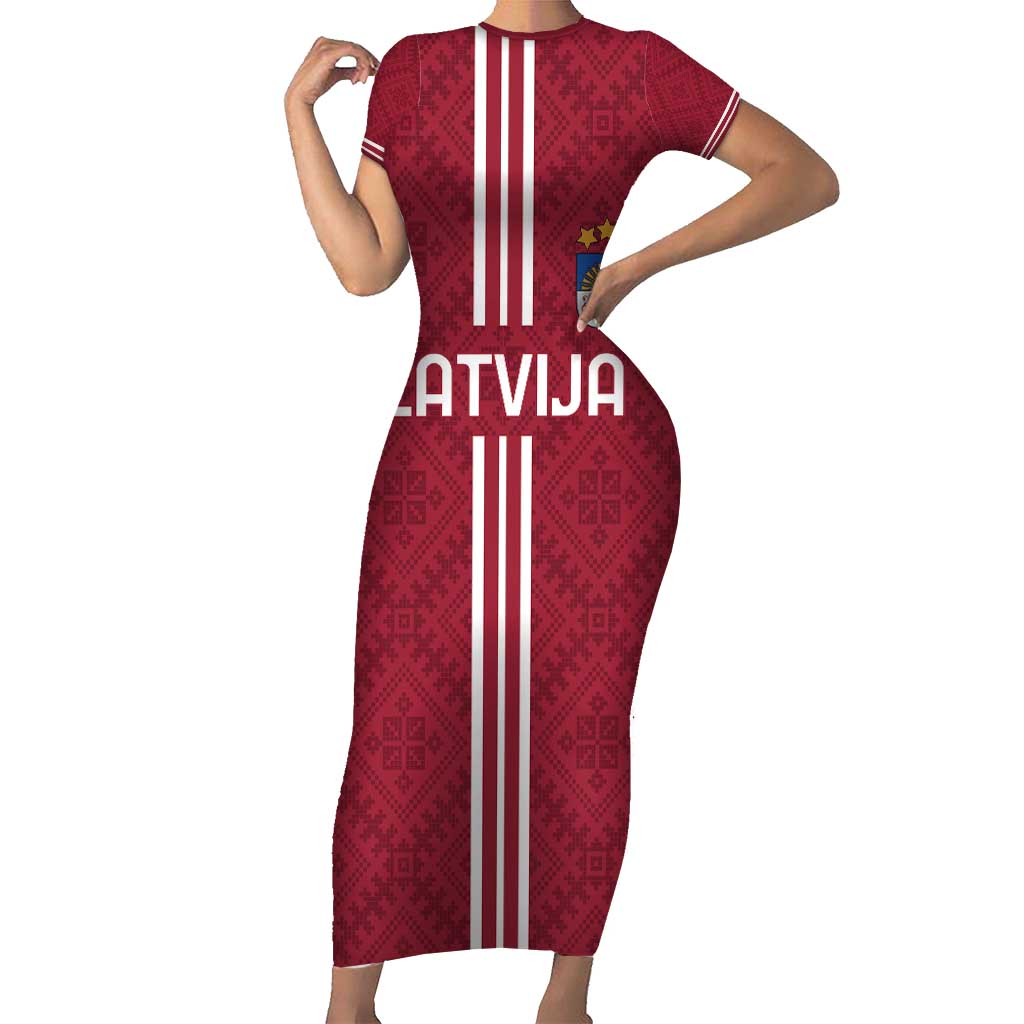 Custom Latvia Football Short Sleeve Bodycon Dress Latvijas Go Champion Folk Pattern