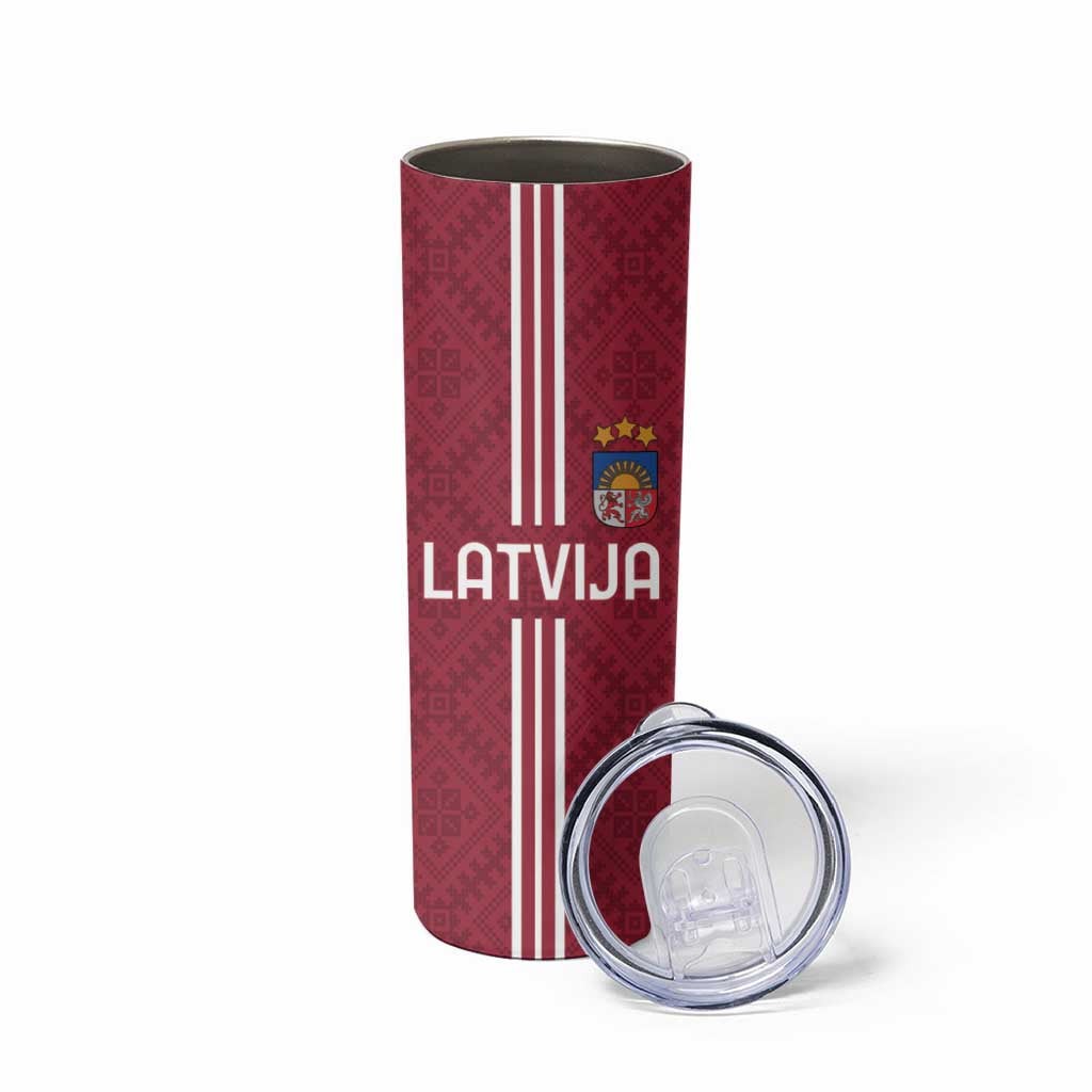 Custom Latvia Football Skinny Tumbler Latvijas Go Champion Folk Pattern