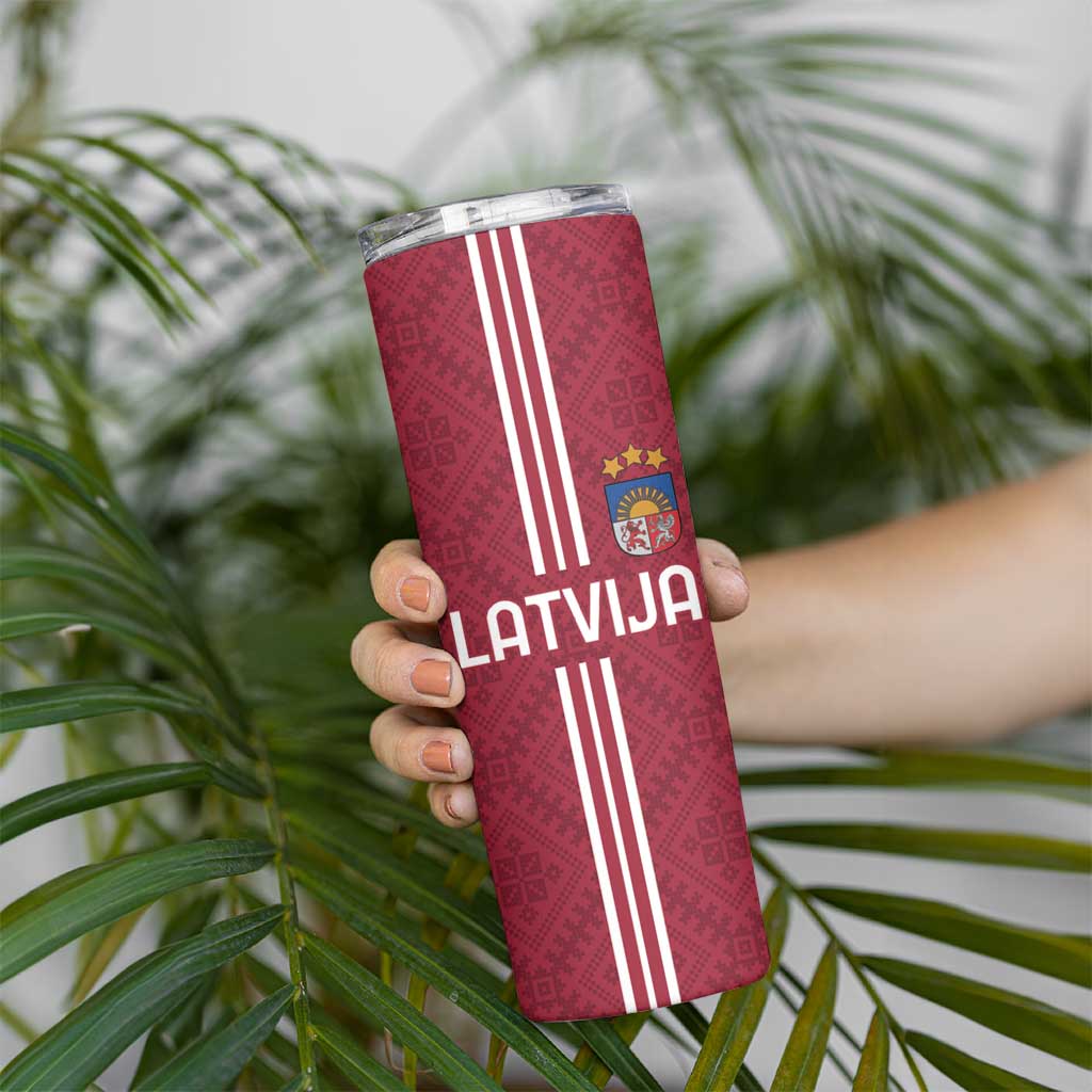 Custom Latvia Football Skinny Tumbler Latvijas Go Champion Folk Pattern