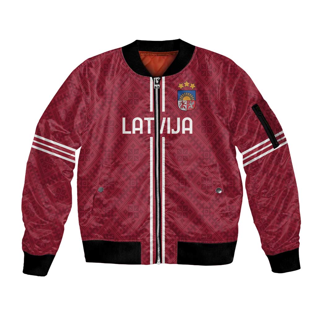 Custom Latvia Football Sleeve Zip Bomber Jacket Latvijas Go Champion Folk Pattern